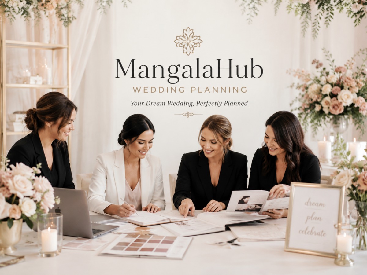 MangalaHub Wedding Planning — Your Dream Wedding, Perfectly Planned. Four planners at a styled table working through a portfolio, colour swatches and a laptop.